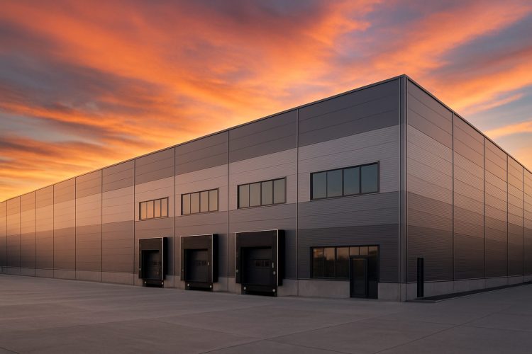 A modern industrial warehouse with loading docks under a colorful sunset sky