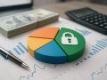 A pie chart with a lock symbol on a financial document alongside stacks of cash and a calculator.