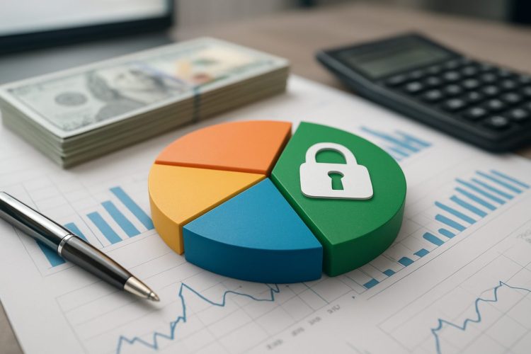 A pie chart with a lock symbol on a financial document alongside stacks of cash and a calculator.