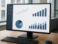 Computer monitor displaying various business graphs and charts in an office environment