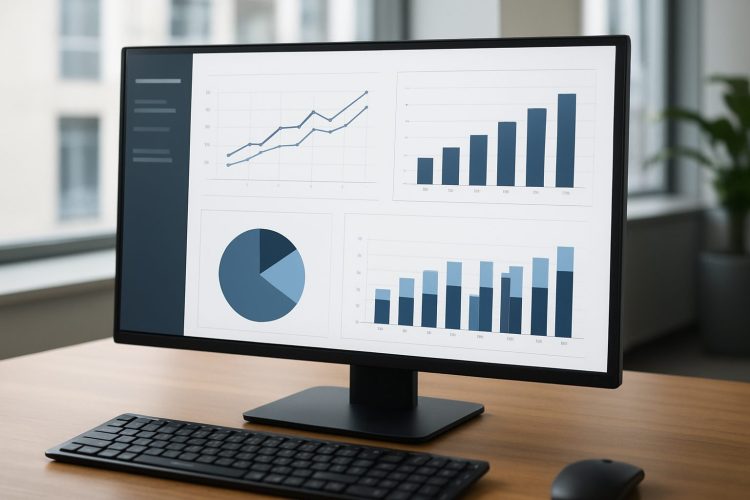 Computer monitor displaying various business graphs and charts in an office environment