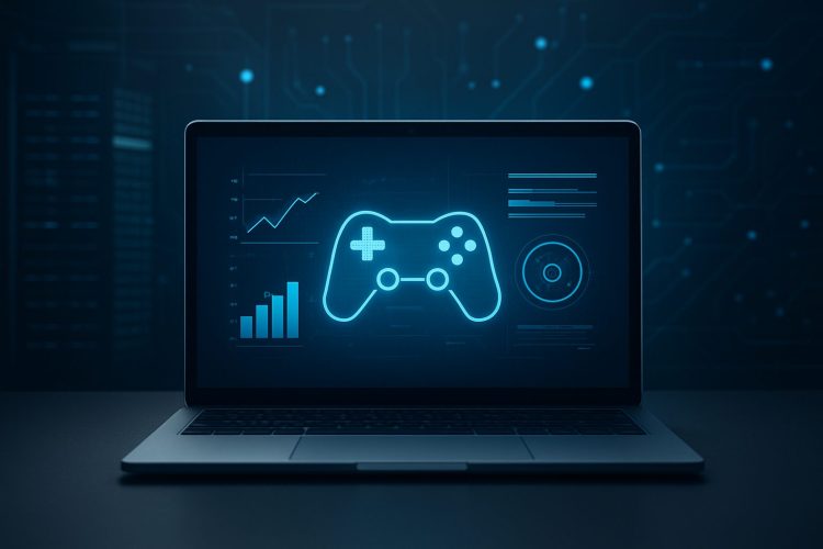 A laptop displaying a glowing game controller and data charts against a tech-themed background.