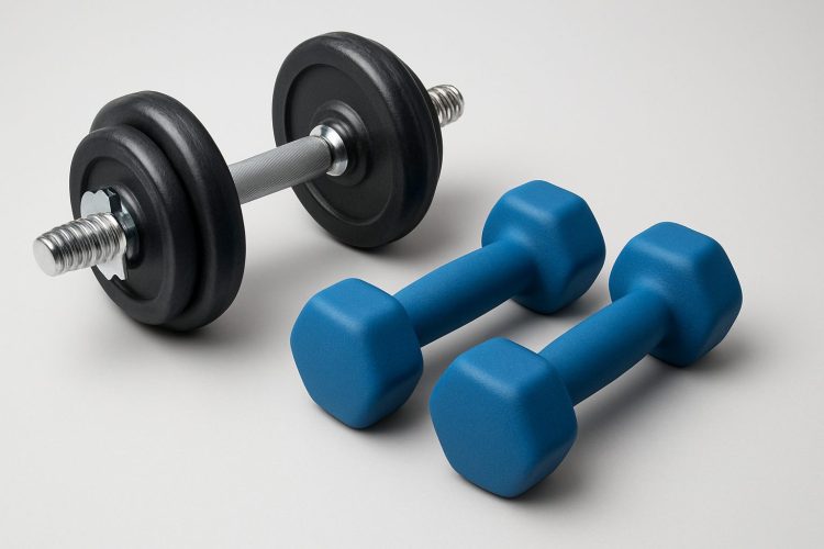 two sets of dumbbells on a plain background