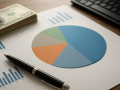 A close-up of a pie chart on a desk alongside a stack of cash and a pen, representing financial analysis.