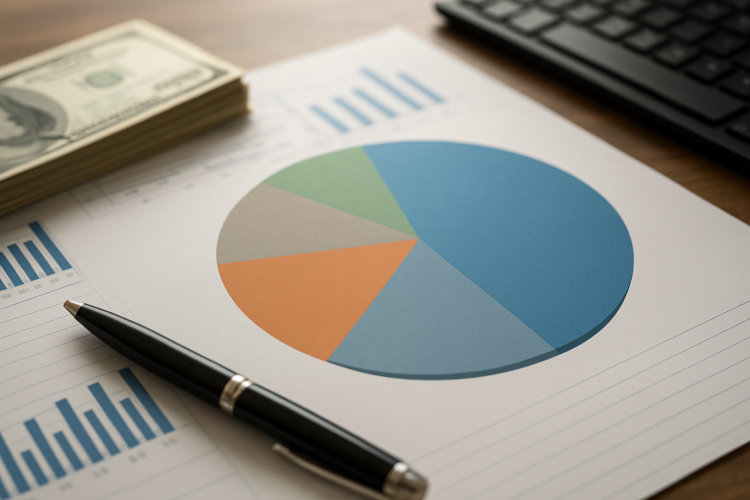 A close-up of a pie chart on a desk alongside a stack of cash and a pen, representing financial analysis.